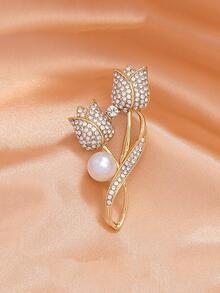 1入組女士水鑽花朵裝飾奢華圍巾別針 - 金色 - 查看 2