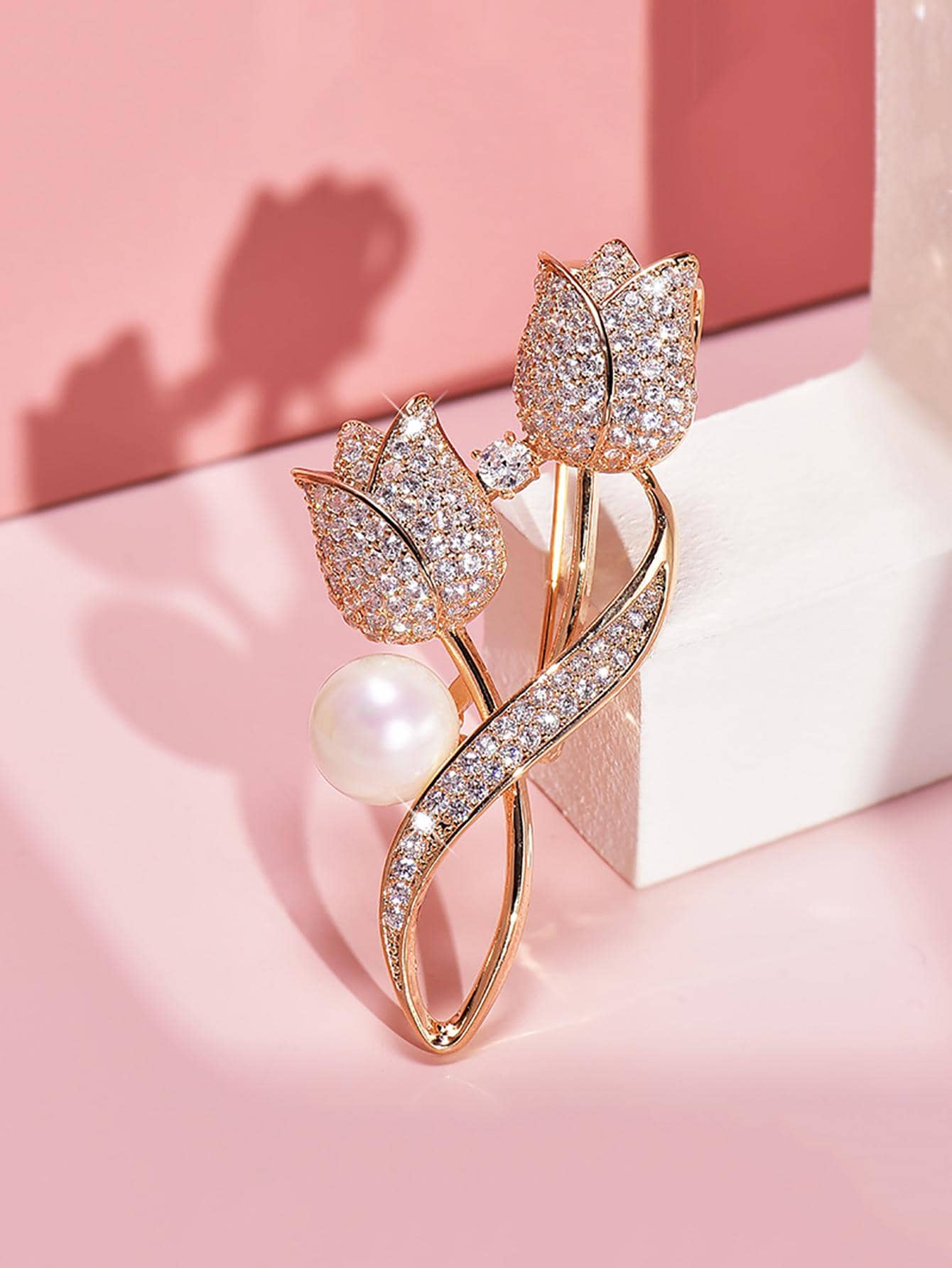1入組女士水鑽花朵裝飾奢華圍巾別針 - 金色 - 查看 1