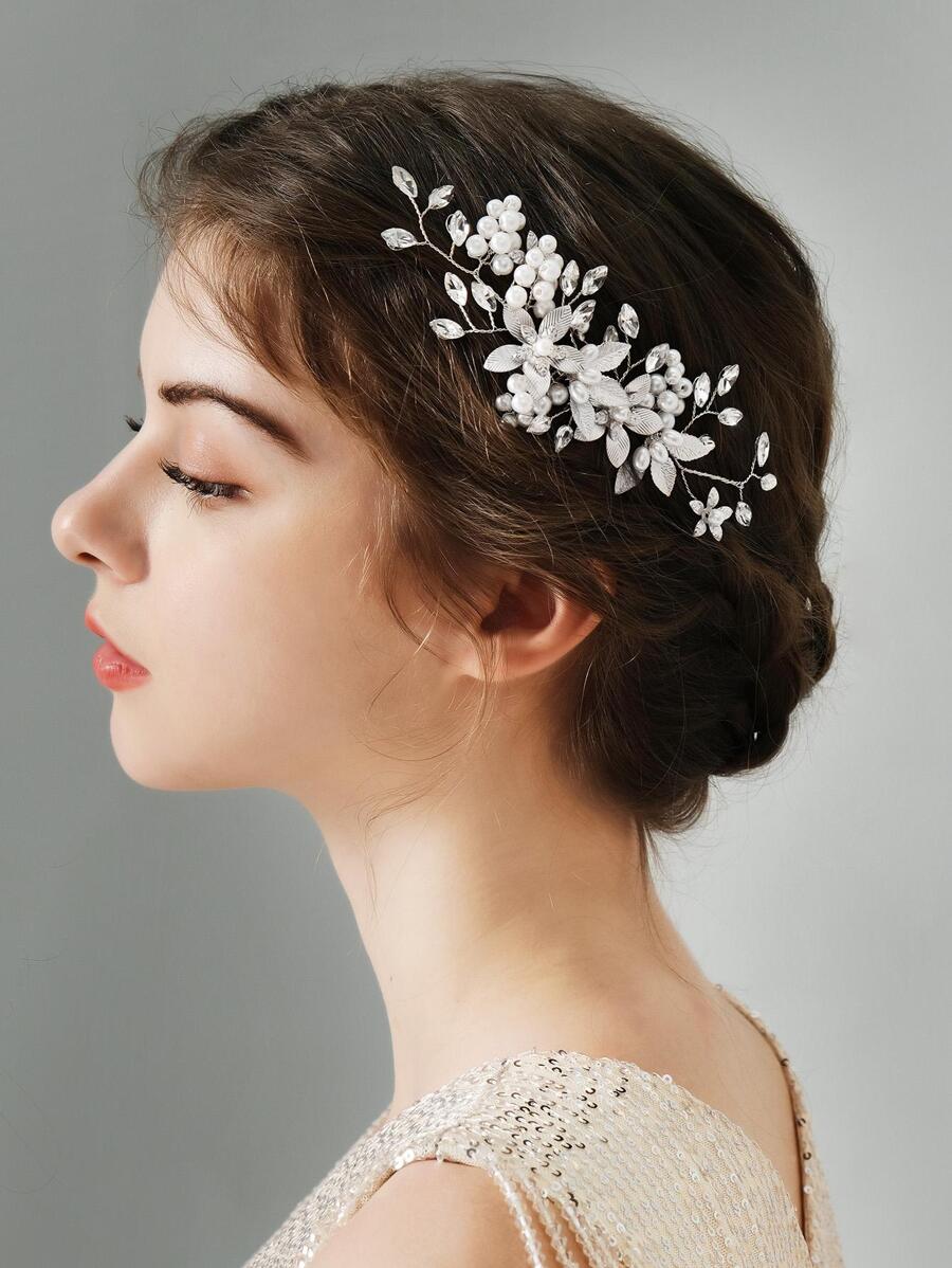1入組女式水鑽和花朵裝飾奢華新娘髮夾適用於婚禮派對 - 銀色 - 查看 1