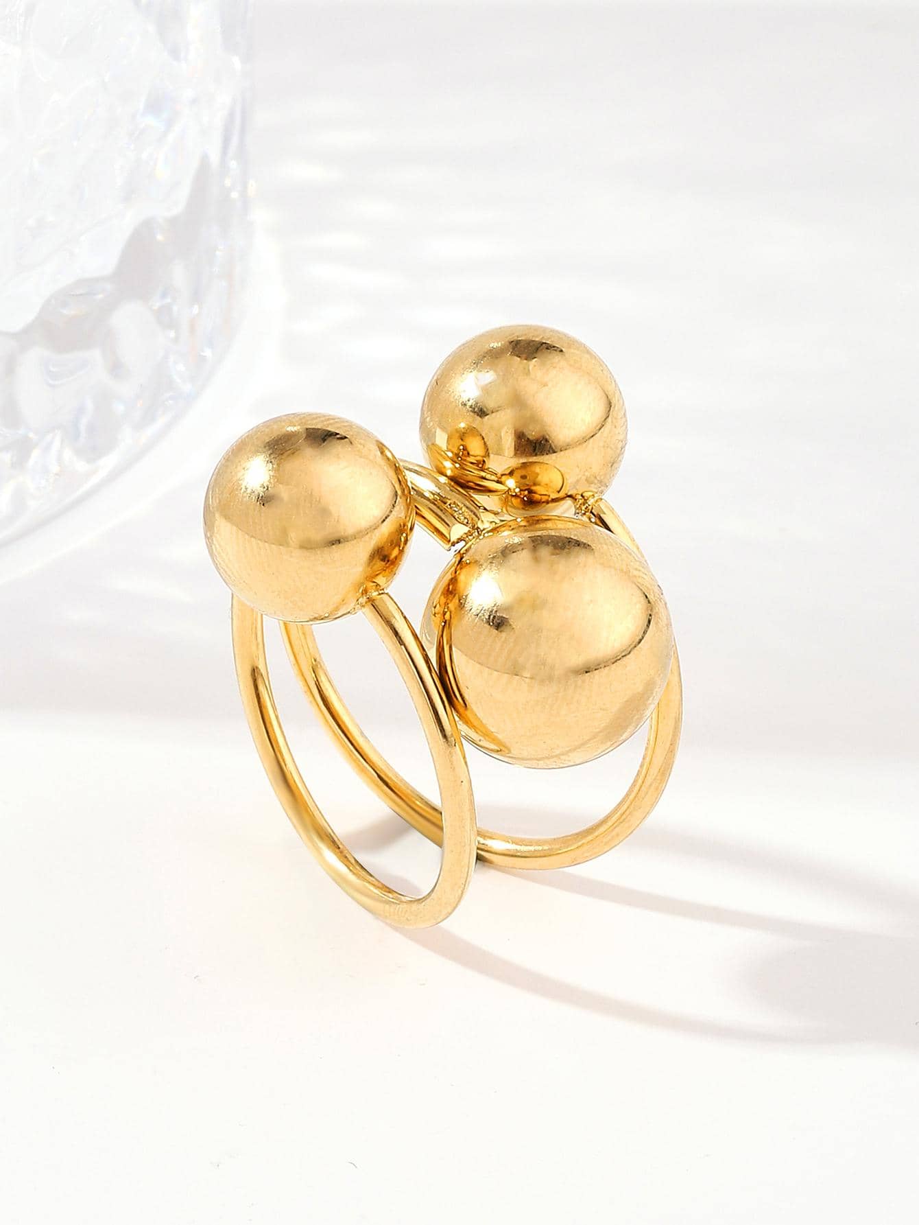 1入組時尚不銹鋼圓球裝飾戒指適合女士日常裝飾 - 金黃色 - 查看 1