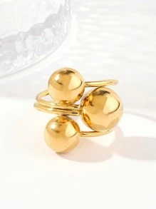 1入組時尚不銹鋼圓球裝飾戒指適合女士日常裝飾 - 金黃色 - 查看 2