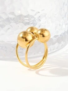 1入組時尚不銹鋼圓球裝飾戒指適合女士日常裝飾 - 金黃色 - 查看 4