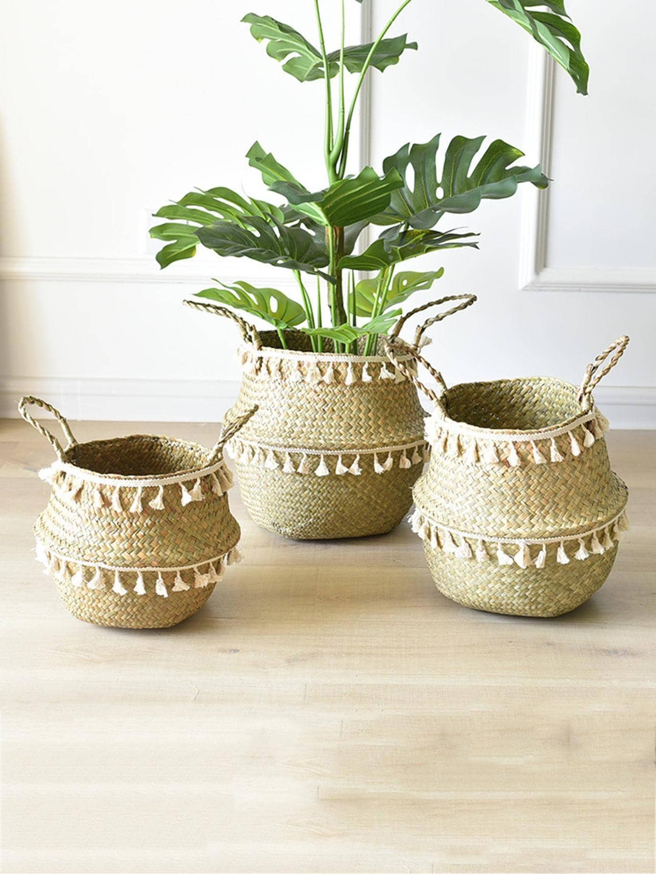 1pc Tassel Decor Desktop Storage Basket - Camel - View 1