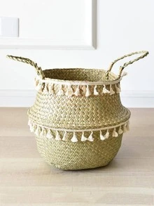 1pc Tassel Decor Desktop Storage Basket - Camel - View 5