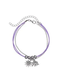 1入組復古鋅合金太陽和大象墜飾分層腳鏈適合女士日常裝飾 - 紫色 - 查看 5