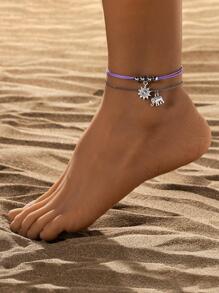 1入組復古鋅合金太陽和大象墜飾分層腳鏈適合女士日常裝飾 - 紫色 - 查看 1