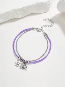 1入組復古鋅合金太陽和大象墜飾分層腳鏈適合女士日常裝飾 - 紫色 - 查看 2