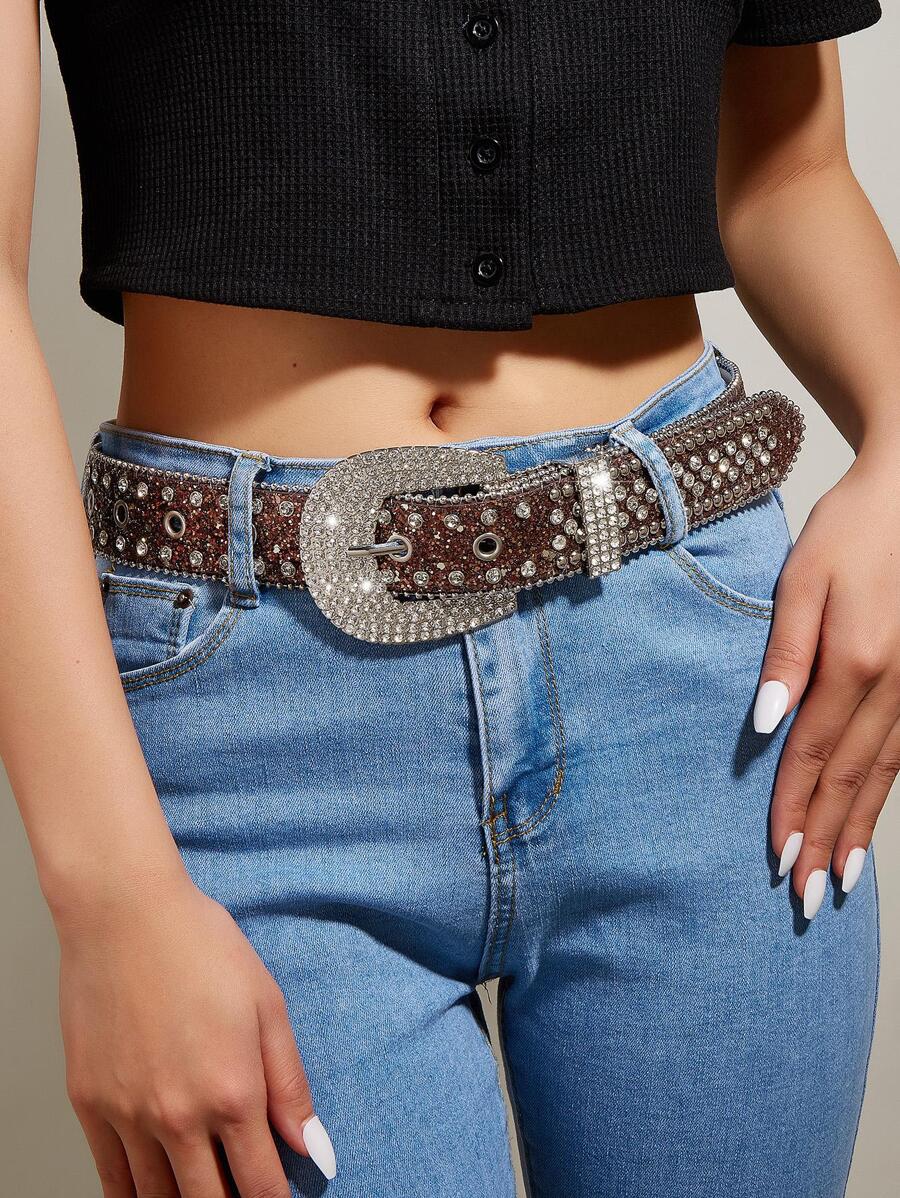 1入組女性水鑽裝飾魅力四射皮帶適用於日常 - 咖啡棕 - 查看 1