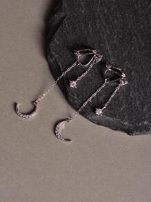 對長流蘇和氧化鋯裝飾月亮形狀女式耳環，日常佩戴 - 銀色 - 查看 2