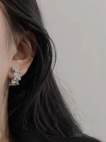 1 对时尚方晶锆石装饰耳夹，适合女士生日礼物 - 銀色 - 查看 3