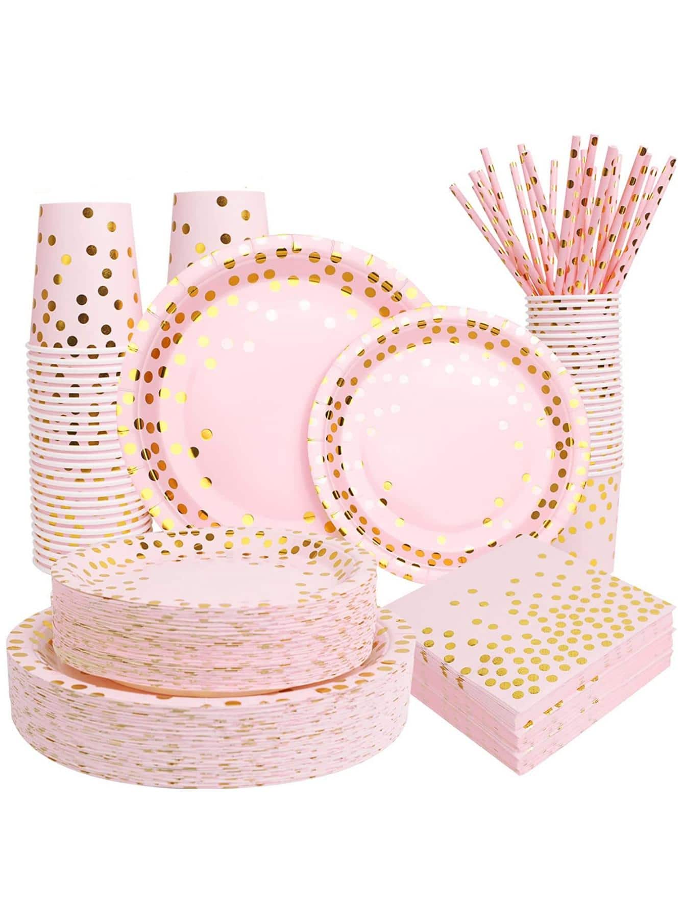 50入組圓點圖案一次性盤子、杯子、吸管和餐巾 - 粉色 - 查看 1