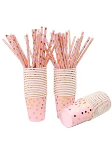 50入組圓點圖案一次性盤子、杯子、吸管和餐巾 - 粉色 - 查看 7