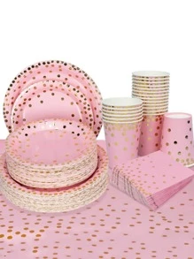 50入組圓點圖案一次性盤子、杯子、吸管和餐巾 - 粉色 - 查看 6