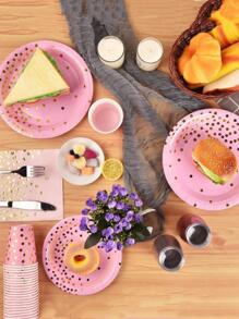 50入組圓點圖案一次性盤子、杯子、吸管和餐巾 - 粉色 - 查看 4