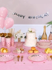 50入組圓點圖案一次性盤子、杯子、吸管和餐巾 - 粉色 - 查看 2