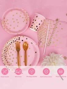 50入組圓點圖案一次性盤子、杯子、吸管和餐巾 - 粉色 - 查看 5