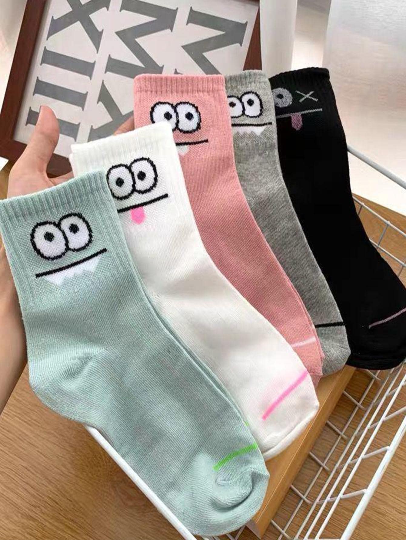 5pairs Women Cartoon Eye Pattern Cute Crew Socks For Daily Life - Multicolor - View 1