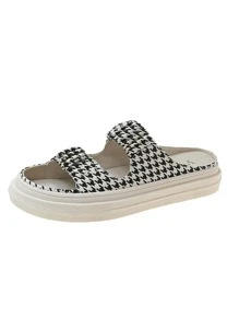 Women Houndstooth Pattern Open Toe Flats, Fashionable Outdoor Canvas Flats - Black and White - View 5