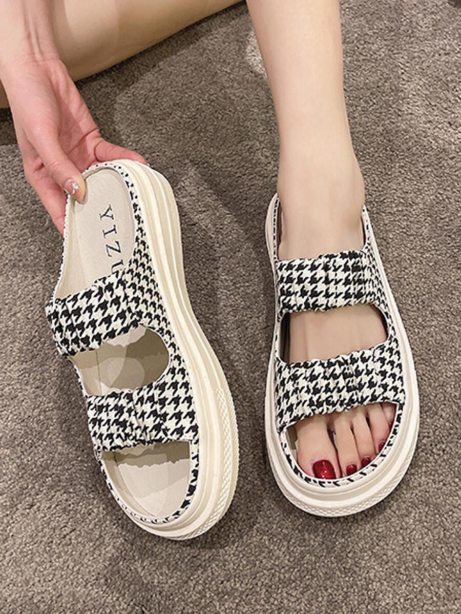 Women Houndstooth Pattern Open Toe Flats, Fashionable Outdoor Canvas Flats - Black and White - View 1