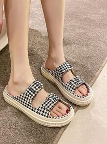 Women Houndstooth Pattern Open Toe Flats, Fashionable Outdoor Canvas Flats - Black and White - View 3