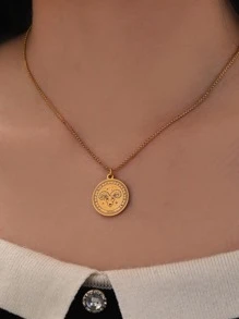 1入組時尚隨機12星座圖案圓形吊墜項鍊適合女士適用於生日禮物,不銹鋼首飾類 - 金黃色 - 查看 2