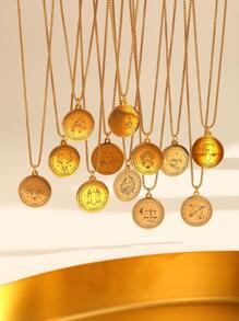 1入組時尚隨機12星座圖案圓形吊墜項鍊適合女士適用於生日禮物,不銹鋼首飾類 - 金黃色 - 查看 1