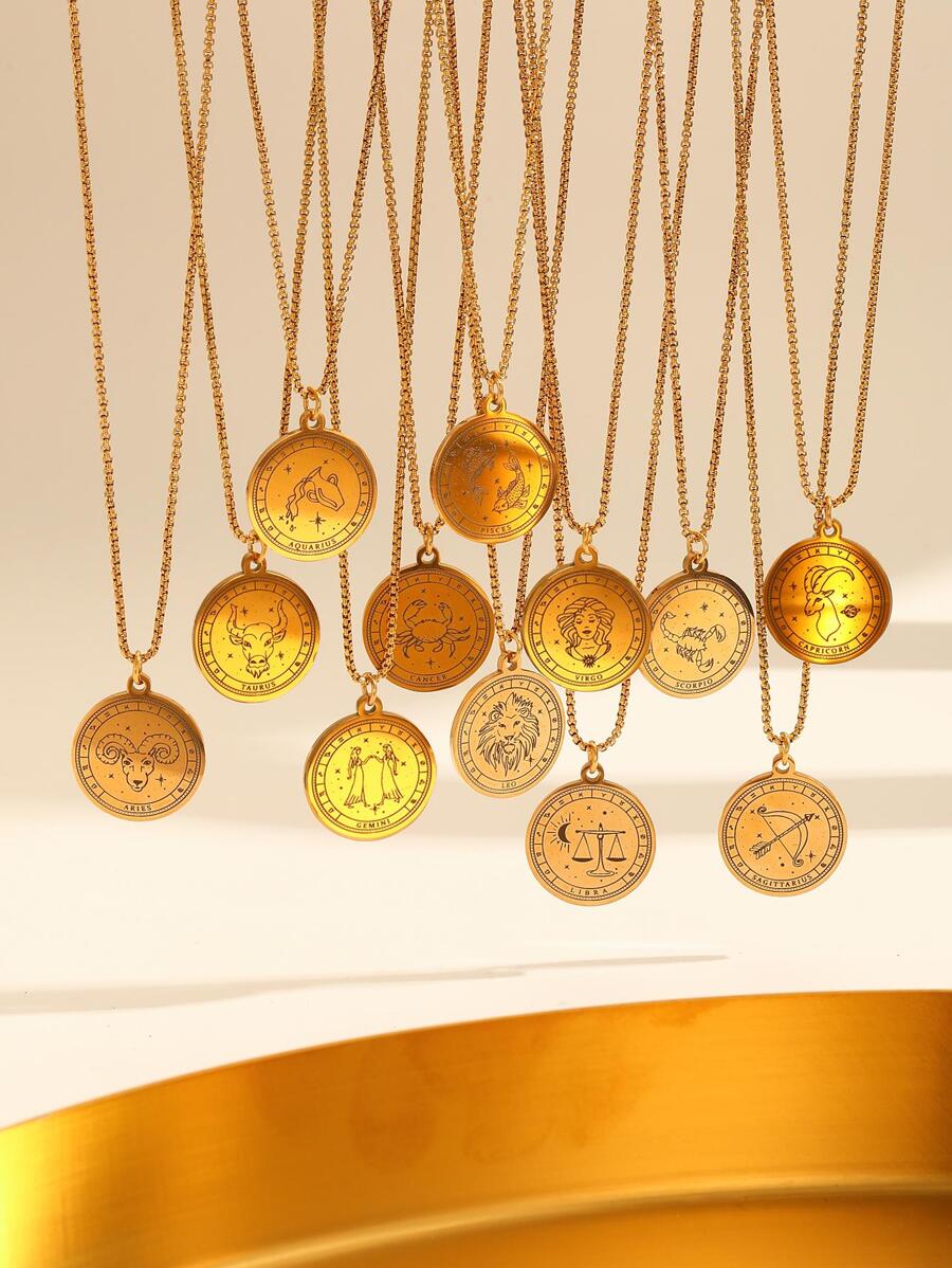 1入組時尚隨機12星座圖案圓形吊墜項鍊適合女士適用於生日禮物,不銹鋼首飾類 - 金黃色 - 查看 1