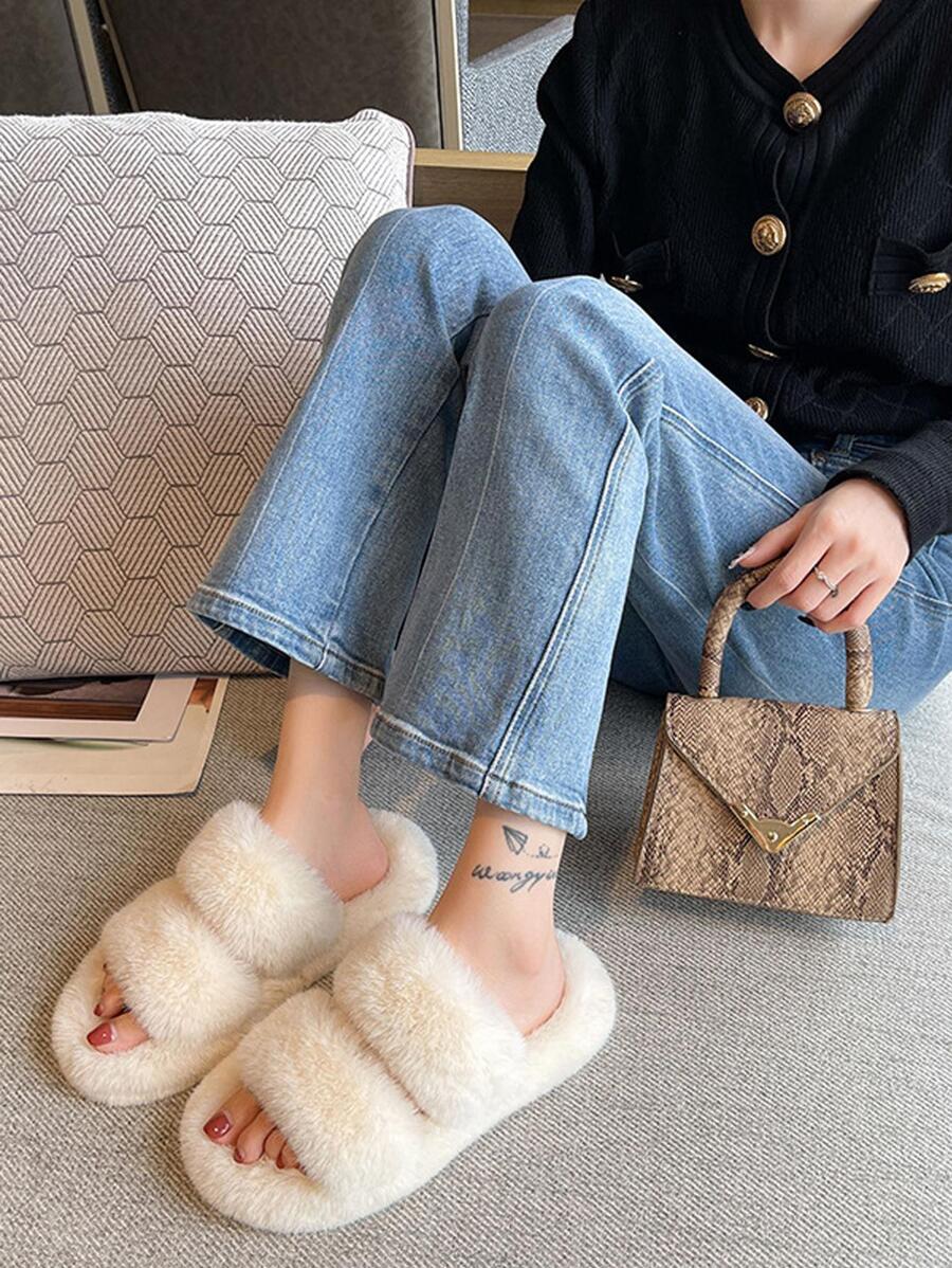 Women Fuzzy Decor Double Band Slippers, Cute Indoor Slides - Beige - View 1