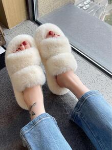 Women Fuzzy Decor Double Band Slippers, Cute Indoor Slides - Beige - View 2