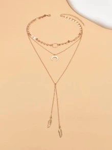 1 pièce Collier à plusieurs rangs avec pendentif de croissant de lune et feuille dorés pour femmes, convient pour les vacances et le port quotidien. La chaîne faite main peut être coupée à la longueur désirée avec une quantité de pendentifs ajustable