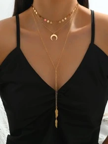 1 pièce Collier à plusieurs rangs avec pendentif de croissant de lune et feuille dorés pour femmes, convient pour les vacances et le port quotidien. La chaîne faite main peut être coupée à la longueur désirée avec une quantité de pendentifs ajustable