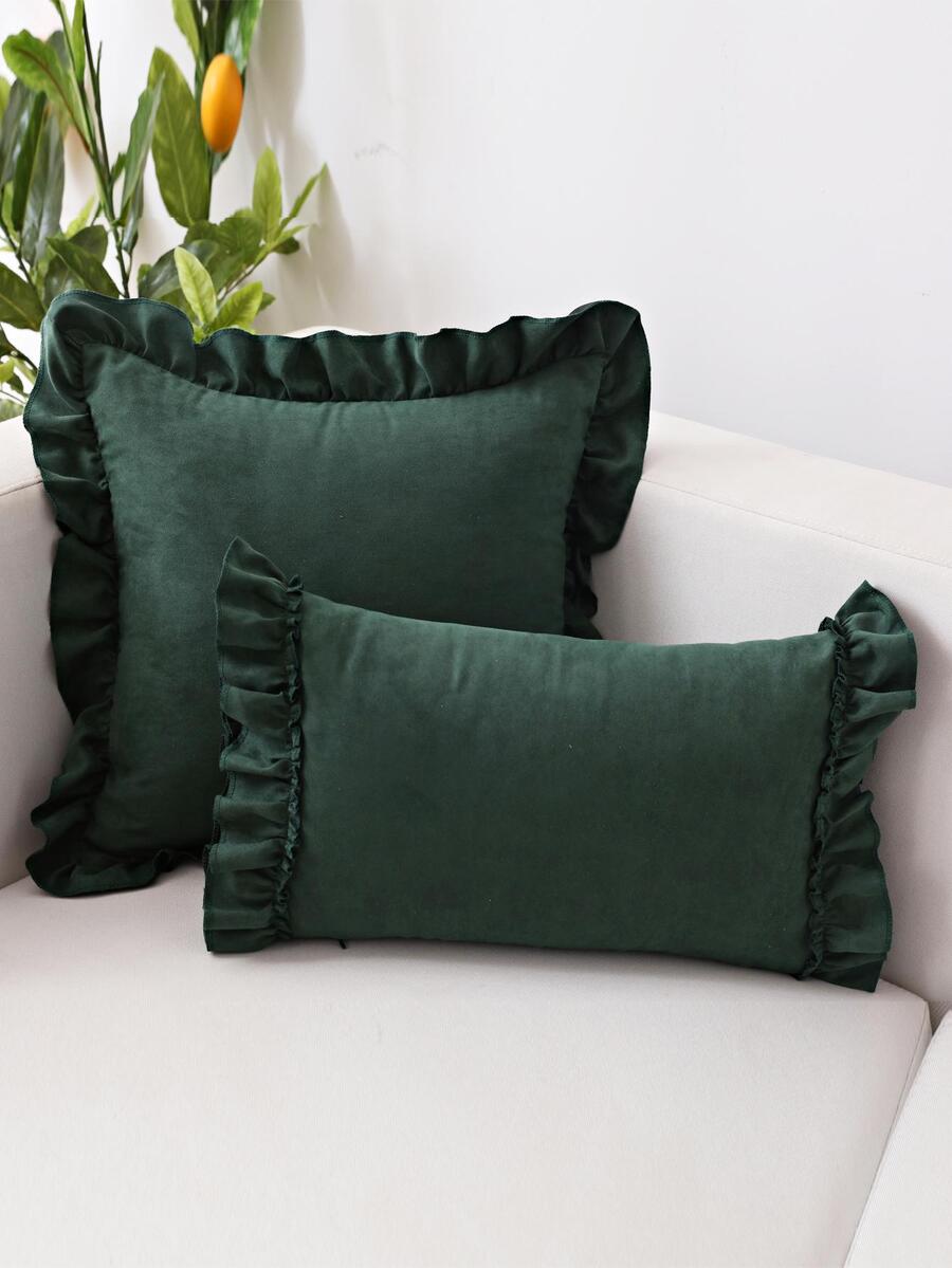 1 vỏ gối viền bèo nhún bằng da lộn hoặc gối thắt lưng, vỏ gối trơn màu viền hoa tươi trẻ trung không có ruột, dùng để trang trí phòng khách, phòng ngủ, ghế sofa - Màu xanh lá cây đậm - Xem 1