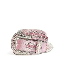 1 件装水钻骷髅头休闲街头时尚牛仔裤腰带，男女皆宜 - 粉色 - 查看 12