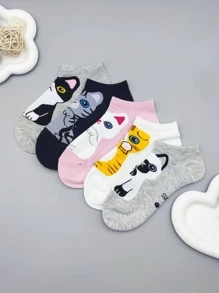 5雙女性卡通貓和小狗樣式可愛船襪適用於日常 - 彩色 - 查看 5