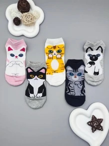 5雙女性卡通貓和小狗樣式可愛船襪適用於日常 - 彩色 - 查看 1