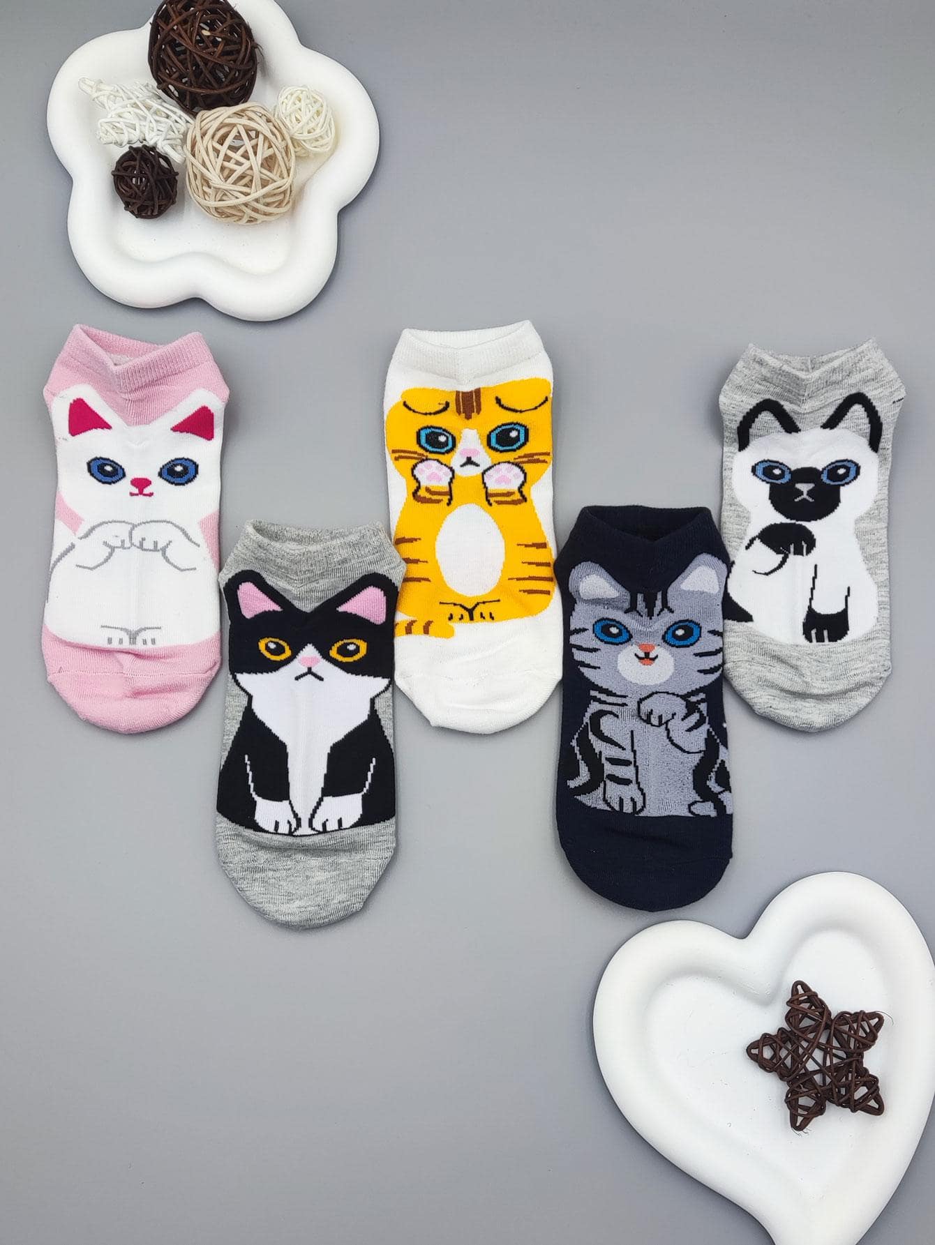 5雙女性卡通貓和小狗樣式可愛船襪適用於日常 - 彩色 - 查看 1