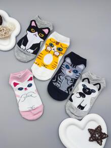 5雙女性卡通貓和小狗樣式可愛船襪適用於日常 - 彩色 - 查看 2