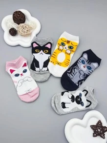 5雙女性卡通貓和小狗樣式可愛船襪適用於日常 - 彩色 - 查看 3