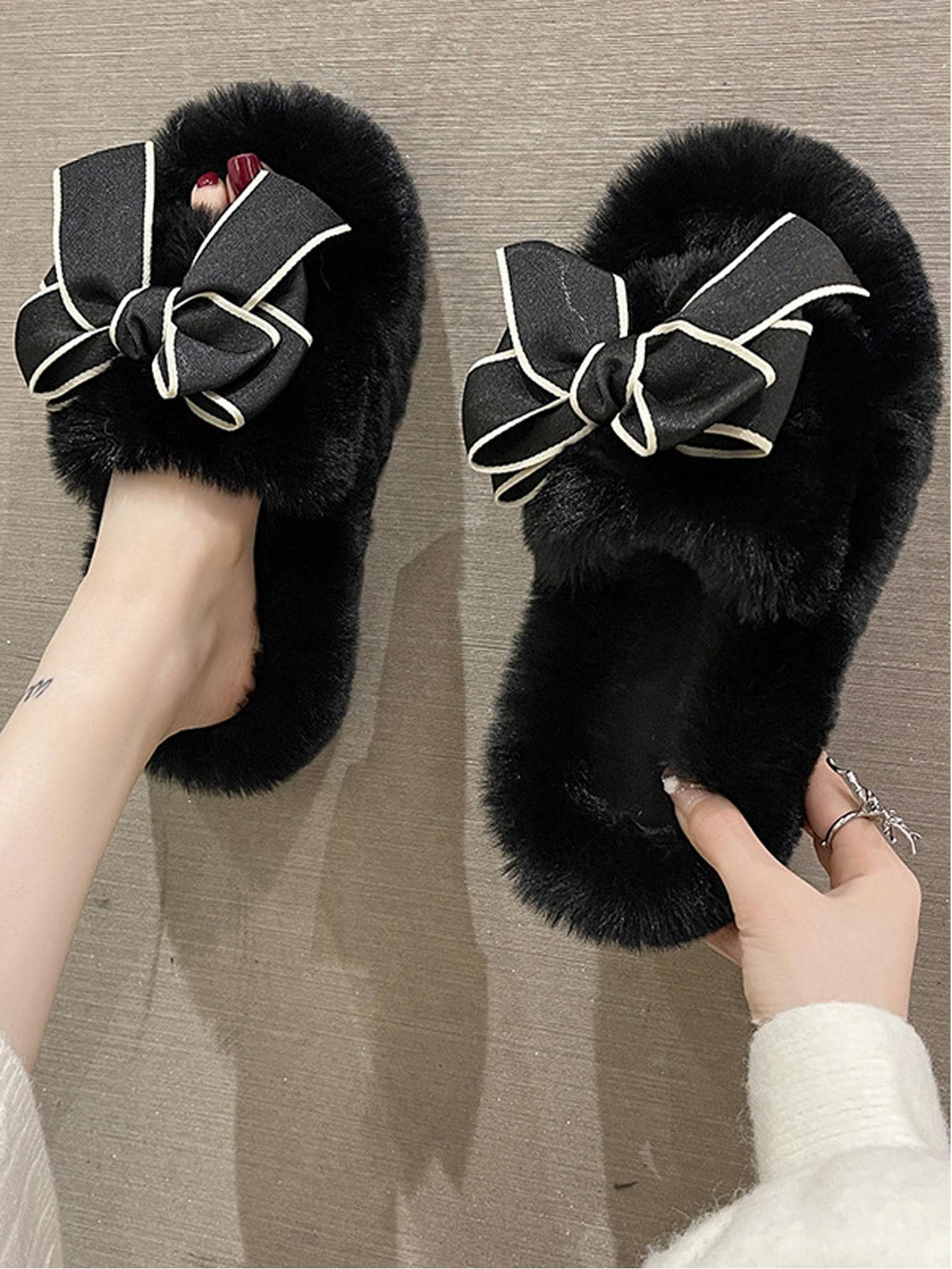 Dép đi trong nhà có nơ trang trí cho phụ nữ, Dép đi trong phòng ngủ Preppy Polyester - màu đen - Xem 1