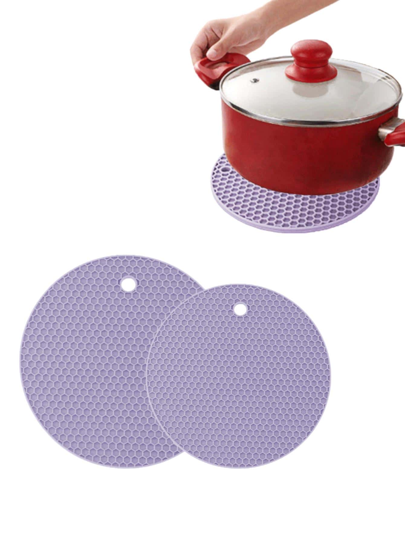 2pcs/set Silicone Insulation Pad, Modern Purple Honeycomb Textured Round Anti-slip Hot Pot Mat For Table - Violet Purple - View 1