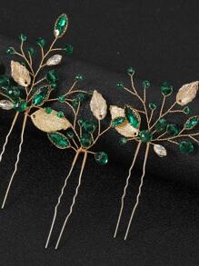 3pcs/Set Green Rhinestone & Gold Leaf Hair Pins Bridal Wedding Hair Accessories Boho Elegant Tiaras - Green - View 3