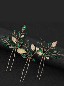3pcs/Set Green Rhinestone & Gold Leaf Hair Pins Bridal Wedding Hair Accessories Boho Elegant Tiaras - Green - View 2