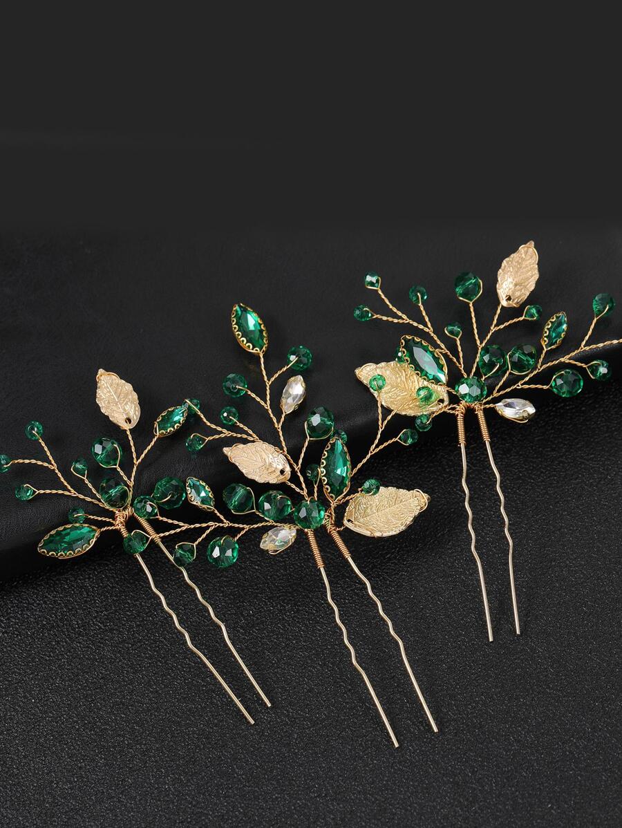 3pcs/Set Green Rhinestone & Gold Leaf Hair Pins Bridal Wedding Hair Accessories Boho Elegant Tiaras - Green - View 1