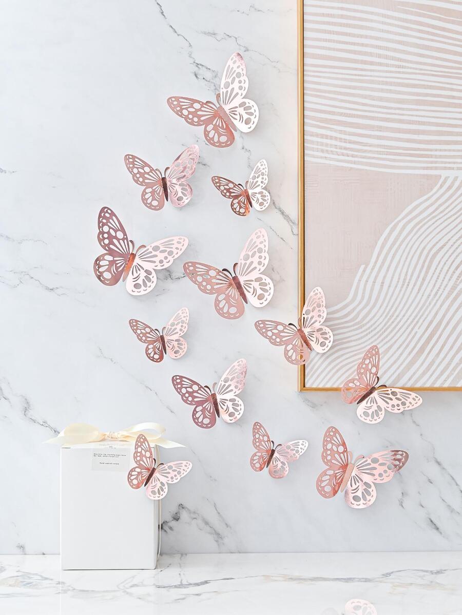 12pcs Paper Butterfly Sticker, 3D Hollow Butterfly Decal For Wall Decor,Stickers,Wall Decal, Vinyl Decal For Home Decorations,Spring Decoration Items Refresh Your Home,Rama Decoration Stickers - Rose Gold - View 1