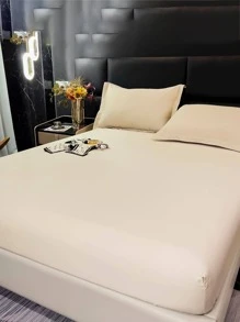 3入組/套素色床笠套裝1入組床笠和2入組枕套四季皆宜簡單床單套裝 - 杏色 - 查看 4