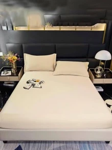 3入組/套素色床笠套裝1入組床笠和2入組枕套四季皆宜簡單床單套裝 - 杏色 - 查看 2