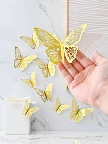12pcs/Set Foldable Holographic Butterfly Sticker, Hollow Paper Wall Decorative Sticker For Home Decor, Stickers, Wall Decal, Vinyl Decal For Home Decorations, Spring Decoration Items Refresh Your Home, Festival Decoration Stickers Gifts Birthday Graduation School Decor School Surprise Dormitory Decor Back To School Room Decor School Supplies - Gold - View 5