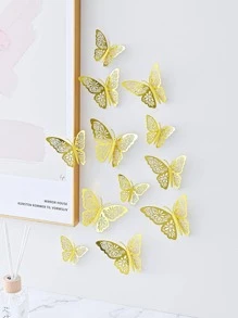 12pcs/Set Foldable Holographic Butterfly Sticker, Hollow Paper Wall Decorative Sticker For Home Decor, Stickers, Wall Decal, Vinyl Decal For Home Decorations, Spring Decoration Items Refresh Your Home, Festival Decoration Stickers Gifts Birthday Graduation School Decor School Surprise Dormitory Decor Back To School Room Decor School Supplies - Gold - View 3