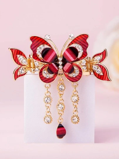 1pc Women Rhinestone & Butterfly Decor Glamorous Hair Clip, For Decoration Party Hair Claws Claw Clips Hair Clips Hair Jaw Clip Hair Clamps Hair Clutch Hair Catcher Clip