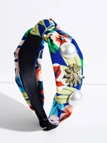 1入組女士印花人造珍珠裝飾打結設計時尚頭帶適用於裝飾用品 - 藍色 - 查看 1